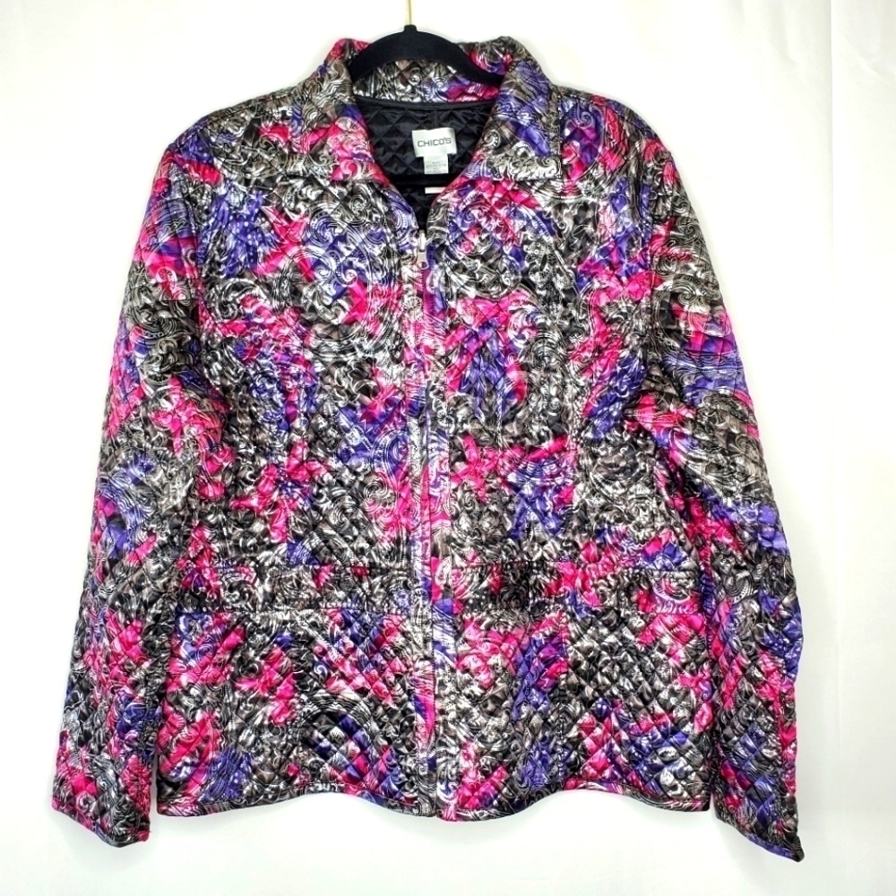 Chico's Paisley Print Metallic Jacket Size‎ 16 Quilted Zip Front Casual Artsy